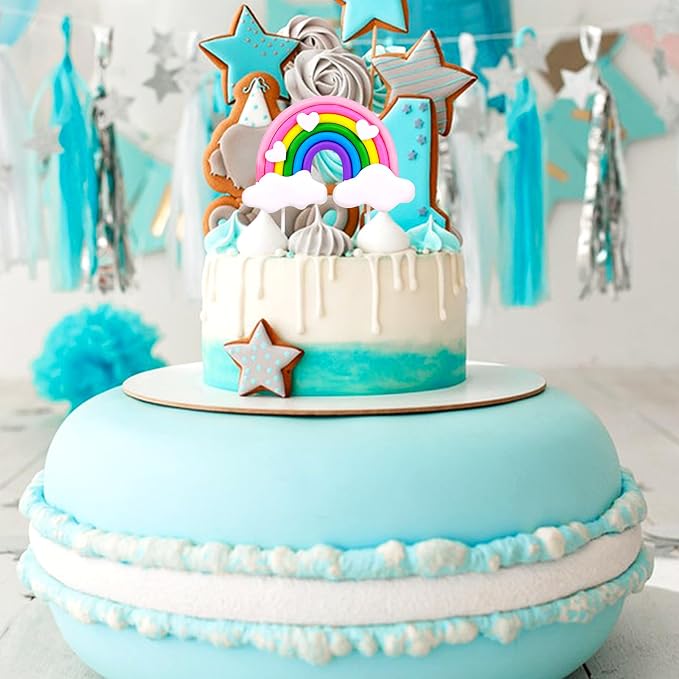 Rainbow Cake Topper - Soft Pottery Heart Cloud Decorations, Colorful Cupcake Topper, Personalized Reusable Happy Birthday Party Supplies