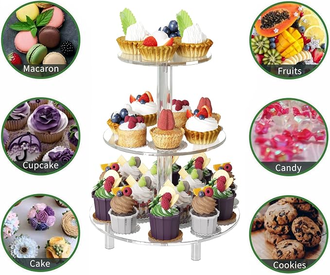 3 Tier Acrylic Cupcake Stand (6", 8", 10") with 4" Spacing - Clear Dessert Tower with Solid Rods - Stable Cake Display for Smash Cakes, Weddings & Party Decor (Clear)