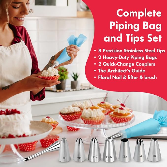 15PCS Stainless Steel Piping Tips Set - Cake Decorating Kit with 8 Nozzles, 2 Bags + Tools