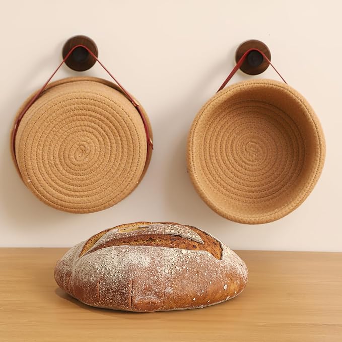 2-Pack Banneton Bread Proofing Baskets – Sourdough Starter Kit for Home Bakers, Cotton Rope Bannetons with Liners, Hanging Hooks, Dough Guide (9" Round)
