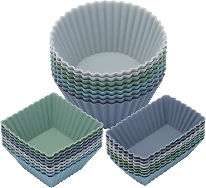 24Pack Silicone Muffin Cups, Reusable Cupcake Liners Molds for Baking, 3 Shapes Lunch Box Bento Dividers-Round, Square, and Rectangular