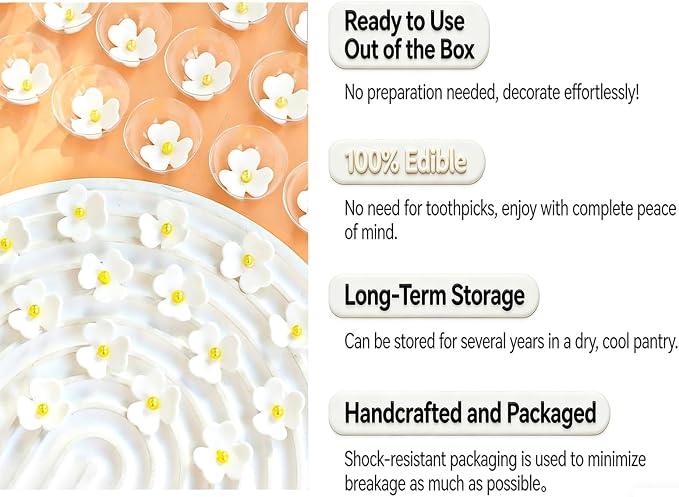 108 Count Edible Flower Cake Decorations, Small Edible Flowers, Sugar Flowers, Cakes & Cupcakes Toppers, Edible Dessert Decorations (0.8 Inch) (3 Petals White)