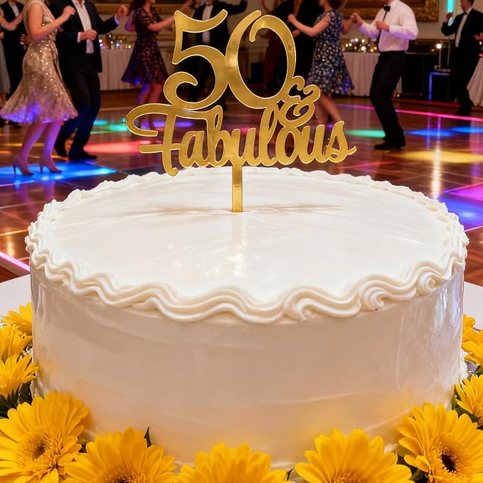 1PCS 50 Fabulous Cake Topper, Gold Acrylic Fifty Birthday Cake Decoration Cake Pick for 50th Anniversary Party Decoration Supplies (50)