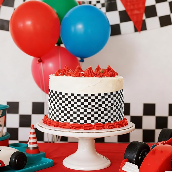 3pcs Edible Cake Borders, 28x6.2cm/11x2.44 Inch Black and White Checkered Birthday Cake Wrap Border Strips Pre-Cut Rice Image Paper Cakes Toppers Decorations for Racing Car Theme Birthday Party