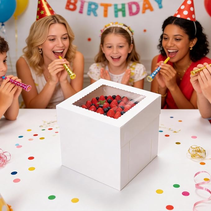 COTOPHER 16 Pcs Cake Boxes, 10x10x10 Inches Tall Cake Box with Window (8 Boxes & 8 Boards), Square Cake Containers for Multi-Layer Cakes Pastry, Birthday Party, Mother's Day, Weddings