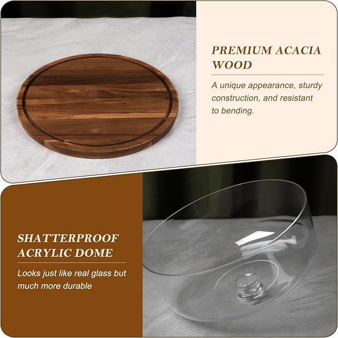 Bellsal Cake Stand with Clear Acrylic Dome Lid, 12in Acacia Wood Cake Holder with Lid, Cake Plate with Lid for Baking Gifts, Cake Display Server Tray for Birthday Party Weddings, Women Gift