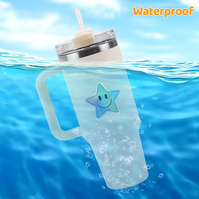 50PCS Smiling Holographic Star Stickers, Cute Water Bottle Stickers for Kids, for Teaching Rewards, Notebooks, Stationery, Luggage, Cartoon PVC Happy Holographic Stickers