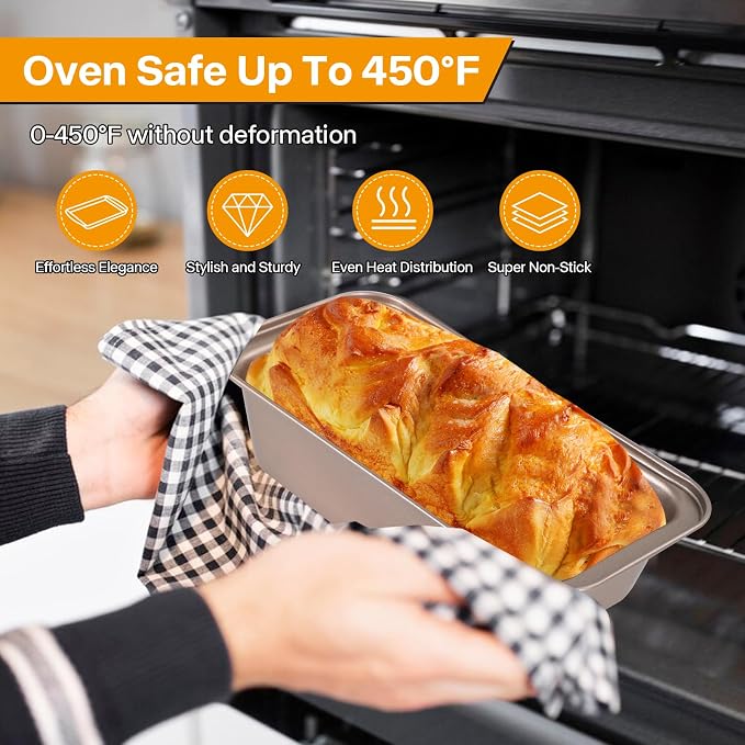 10x5inch Loaf Pan Set of 2,Dual-Layer Non-Stick Carbon Steel Bread Pan(Inner 9x4inch), 450°F Oven Safe, Stackable Gold Baking Pans for Banana Bread, Pound Cake & Homemade Loaves