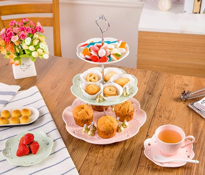 Jusalpha® 3-Tier Porcelain Cake Stand-Dessert Stand-Cupcake Stand-Tea Party Serving Platter, Comes in a Gift Box- Free Sugar Tong,3 Color (Silver)