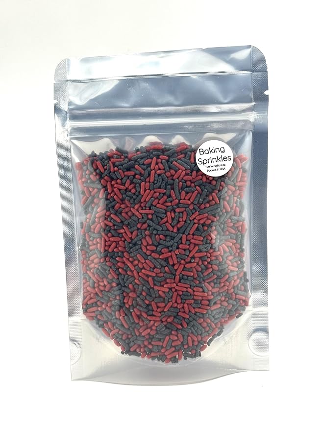 Red and Black Sprinkles 4oz pack for Cake, Cupcake, Cookie Decorations, Ice Cream and Donut Toppings Edible Decorating Baking Supplies - mix