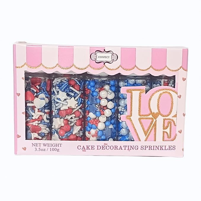 Confect Edible Cake Sprinkles | Assorted Pack of 5 Patriotic Mix Red, Blue, Silver & White Sprinkles | Mix Heart & Star Sprinkles For Cake & Cupcake Decorations | Vegan, Gluten-Free, Soy-Free, Dairy-Free, Palm Oil-Free- 5 Oz