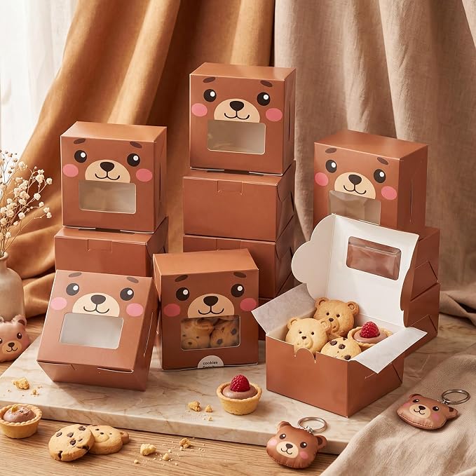 50 Pack Little Bear Cookie Boxes with Window, Cute Treat Boxes for Baby Shower, Kids Birthday & 1st Birthday, Gender Reveal, Bear Party Favor for Cookies, Macarons & Cupcakes