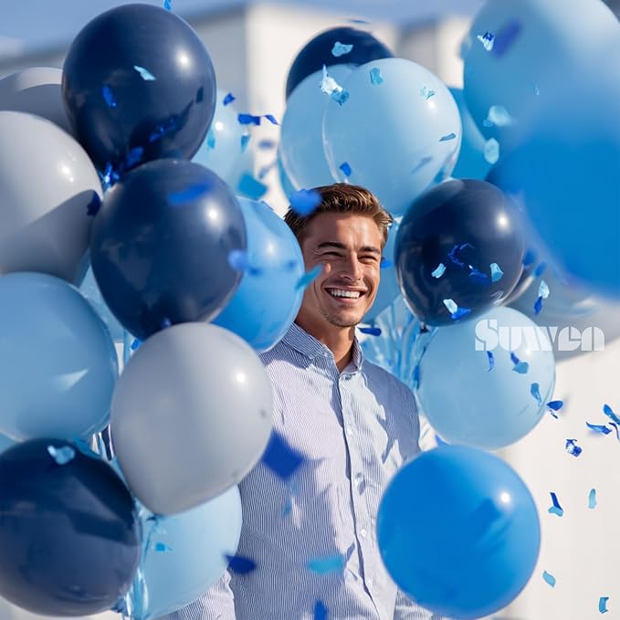 SUWEN Pastel Blue Balloons, 60Pcs 12inch Navy Macaron Light Blue Latex Balloons Kit for Birthday Anniversary Father‘s Day Party Decoration