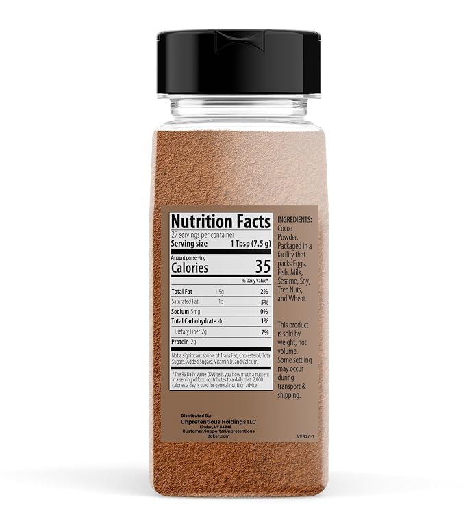 Unpretentious High Fat Cocoa Powder, Smooth & Natural, 22-24% Fat Content, Baking Essential (7.2 Ounce)
