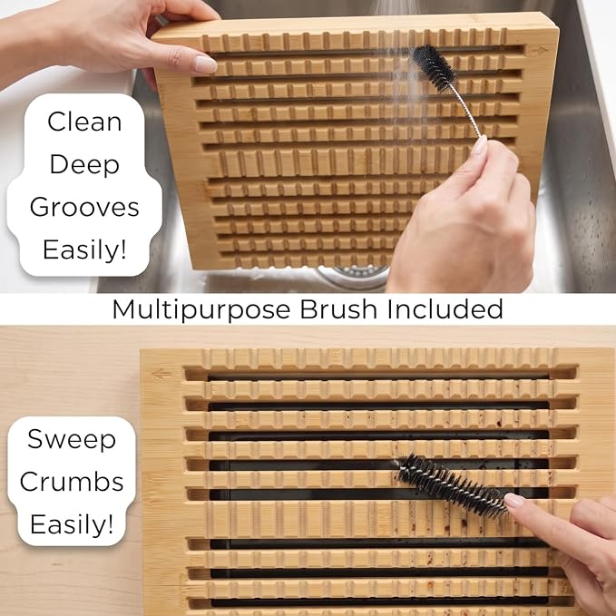 Bamboo Bread Slicer Guide - 7.5" Width Adjustable Sourdough Cutting Board | Premium Bamboo Board with 3 Slicing Thickness | Adjustable Width Slots | Custom Brush & Steel Tray | Knife not included