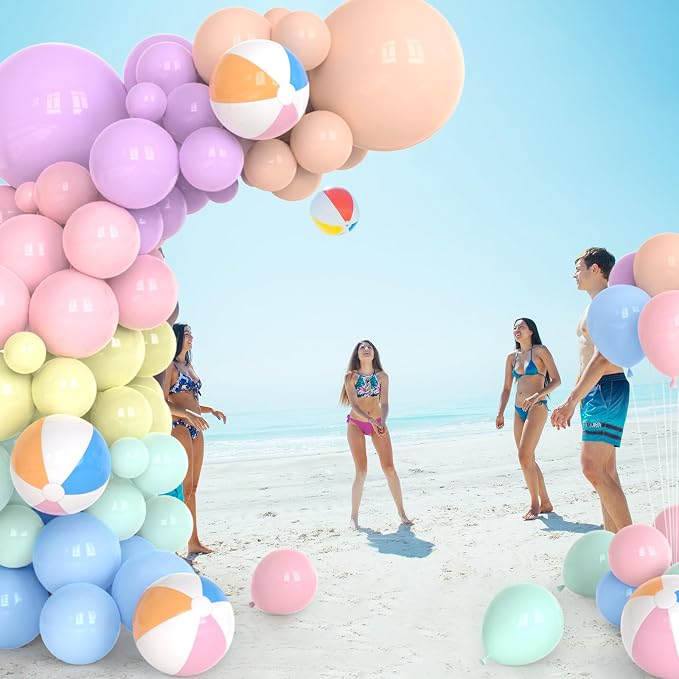 152PCS Summer Beach Balloon Arch Kit Pool Colorful Macaron Balloon Garland for Swimming Party Decorations Pastel Pink Beach Ball Birthday Wedding Gathering Supplies Decor