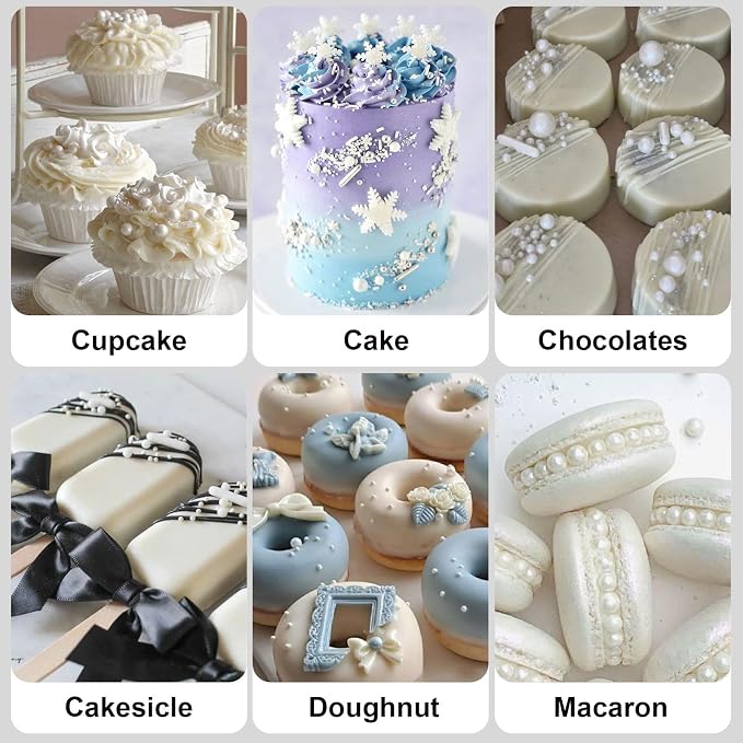 HUEBEATY White Edible Pearls Sprinkles Set with Claw Sprinkle Pen, 6.36oz – Assorted White Cake Sugar Pearls (2mm–10mm) and Sugar Rods Sprinkles for Cake, Cupcakes, Cookies, Wedding & Valentine Desserts