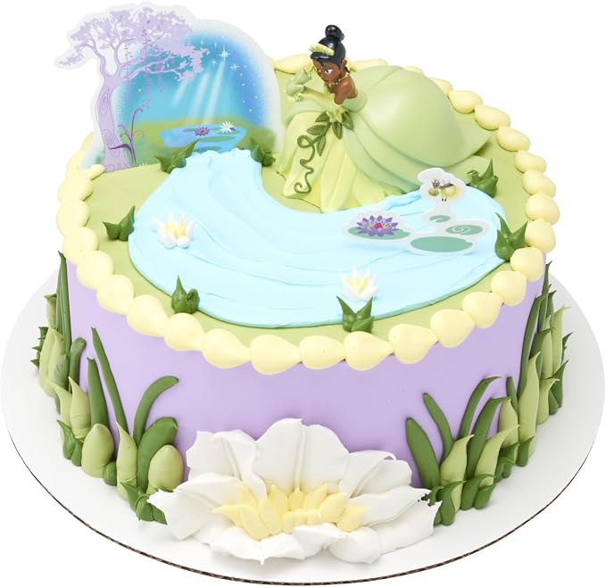 DecoSet® Disney Princess Tiana Cake Topper, 3-Piece Cake Decoration With Tiana And Frog Figurine, Water Lily Pic, And Background Scenery Pic