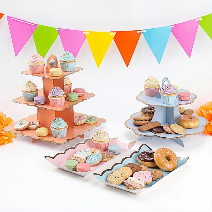 12 Pcs Tea Party Cupcake Stand Decorations Spring Cardboard Cupcake Tower 4 3-tier Cake Stands 3 2-tier Cake Holders 5 Trays for Flower Tea Party Princess Birthday Wedding Supplies(Macarons)