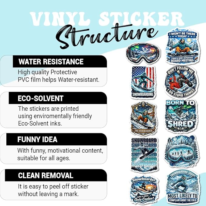 10pcs Snowboarding Stickers Gifts for Snowboarders Ski Lovers Multiple Different Design, Waterproof UV-Resistant for Water Bottle, Laptop, Window, Car