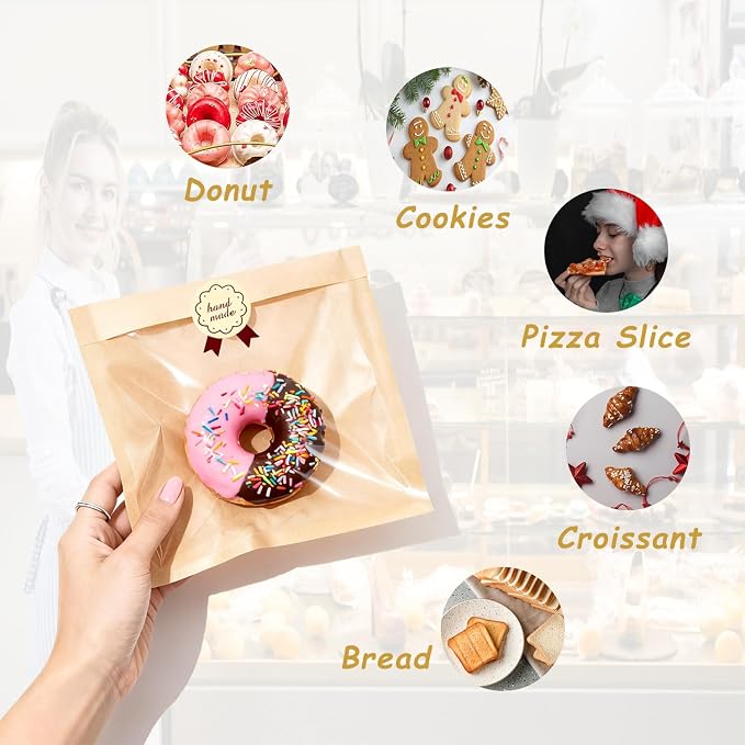 Cookie Bags with Window for Bakery, 100 Pack 7.1x7.5" Heat Seal Cookie Packaging Sleeves with Seal Sticker, Paper Treat Bag for Individual Bake Sale, Home Baked Brownie, Sandwich, Bread