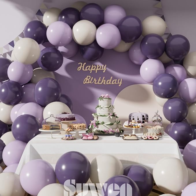 SUWEN Purple Balloons 60Pcs,12 inch Dark Light Lavender Purple and Sand White Latex Balloons for Birthday Weddding Bridal Shower Party Decorations