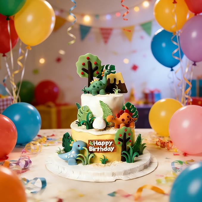 25PCS Dinosaur Cake Topper, Leaves Trees Cake Decorations Birthday Cake for Dinosaur, Jungle Safari Themed Birthday Decorations Supplies