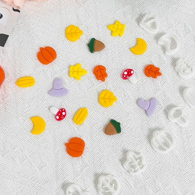 Xaekicr 9PCS Fall Theme Polymer Clay Cutters for Earrings – Autumn Leaves, Pumpkin, Acorn, Witch Hat Clay Cutters – Polymer Clay Molds & Tools for Jewelry Making