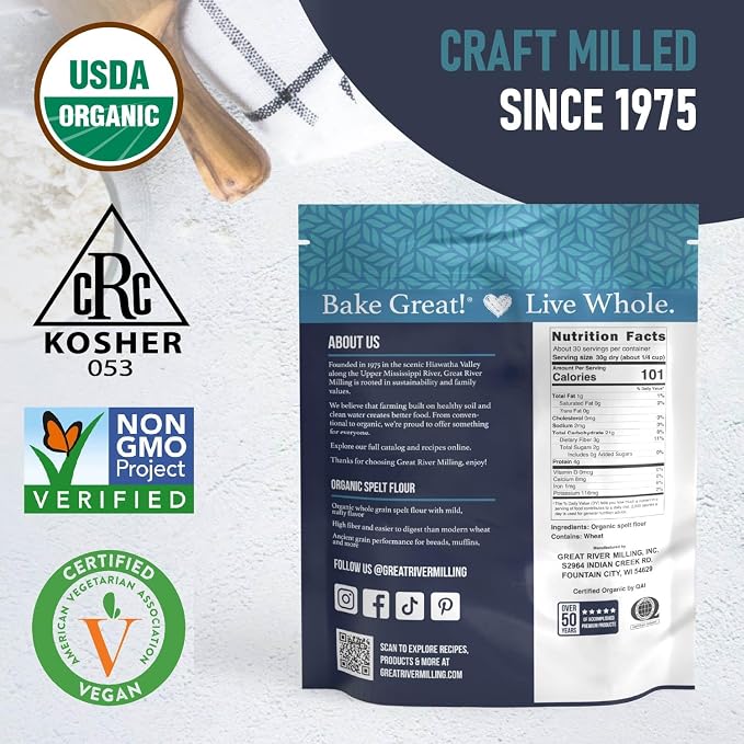 Great River Milling Organic Spelt Flour | Whole Grain Ancient Wheat Flour | USDA Organic, Non-GMO, Kosher | High Fiber, Mild Flavor | Ideal for Baking Breads, Muffins, Cookies & More | 2 Lb