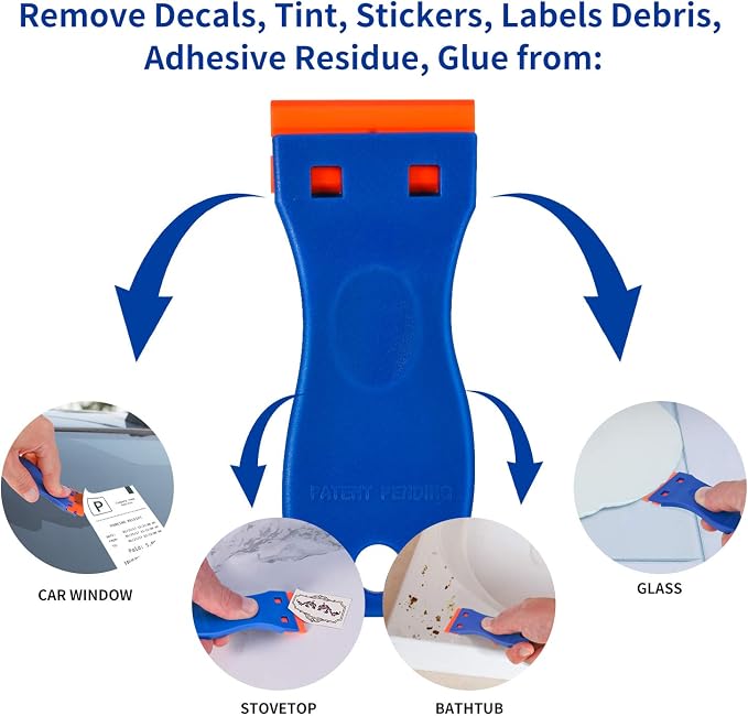 Plastic Razor Blade Scraper, 2 Pack Razor Scraper with 120 Pcs Razor Blades for Removing Glue, Sticker, Decals, Tint from Car Window and Glass(Blue)