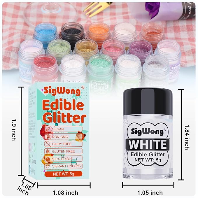 White Edible Glitter - 5g Food Grade Cake Decorating Shimmering Glitter, Edible Sprinkle Luster Dust for Drinks, Chocolates, Fondant, Strawberries, Cupcakes, Candy, Easter Cookie - Vegan