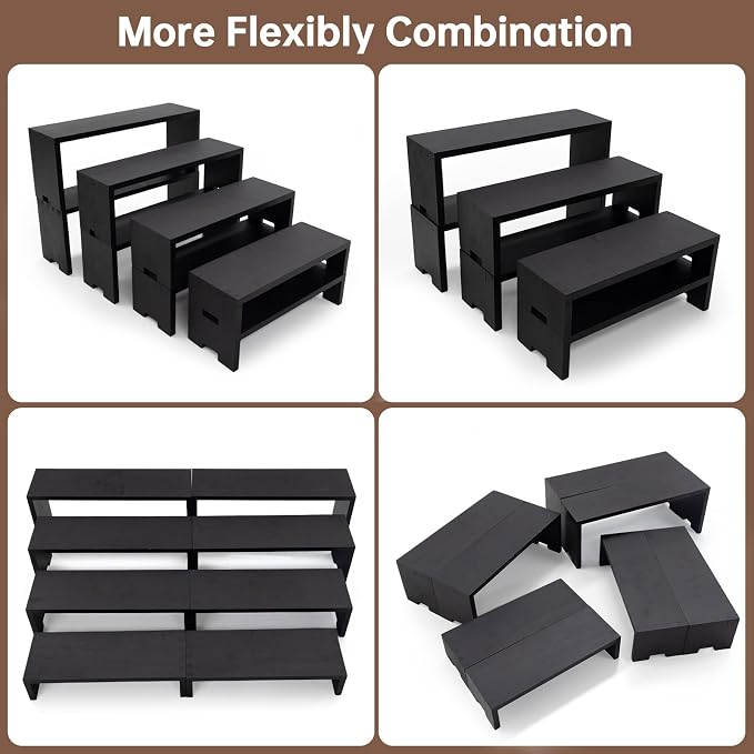 Yikaroeli 2 Set Large Black Display Riser Perfume Display Stand Cologne Shelf Wood Risers for Display,11"-8.6" Graduated Sizes,4Tiered 8Pcs Display Stands for Vendors Event