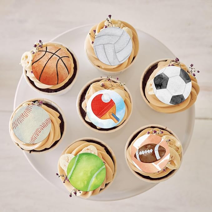 48PCS Edible Sports Cupcake Toppers Edible Basketball Soccer Baseball Tennis Rugby Cake Decorations for Sports Ball Game Theme Baby Shower Birthday Party Cake Decorations Supplies