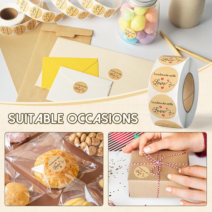 500PCS Handmade with Love Stickers, Kraft Made with Love Tags 1 Inch(25mm) Seal Labels Self-Adhesive for Baked Packaging Envelope Homemade Gift Small Business(New)