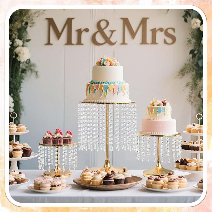 Metal Mirror Cake Stand Set with Crystal Pendants - Elegant Dessert Table Display for Weddings, Birthday Parties, Baby Showers, Events - Sturdy Crystal Bling Cupcake Stands for Pastries, Sweets, Decorations (Gold, Set of 3)