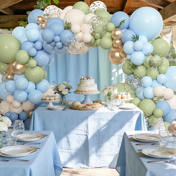 Amandir 153pcs Sage Green and Blue Balloon Garland Arch Kit, Different Sizes 18 12 10 5 inch Dusty Blue Sand White Latex Confetti Balloons for Boho Bridal Shower Birthday Party Decorations