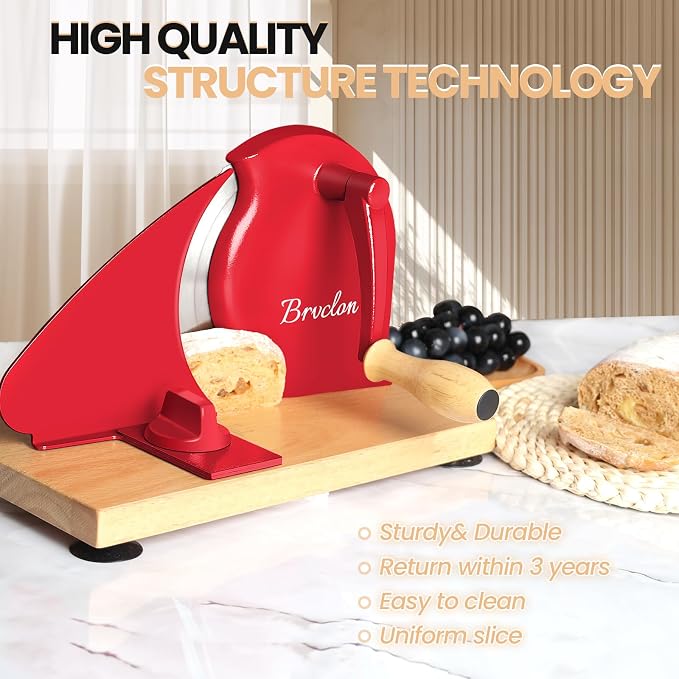 Brvclon Manual Bread Slicer for Homemade Sourdough,Adjustable Thickness,Hand Crank Bread Slicer with Stainless Steel Blade, Aluminum Alloy Frame & Solid Wood Base with Natural Wood Veneer Finish