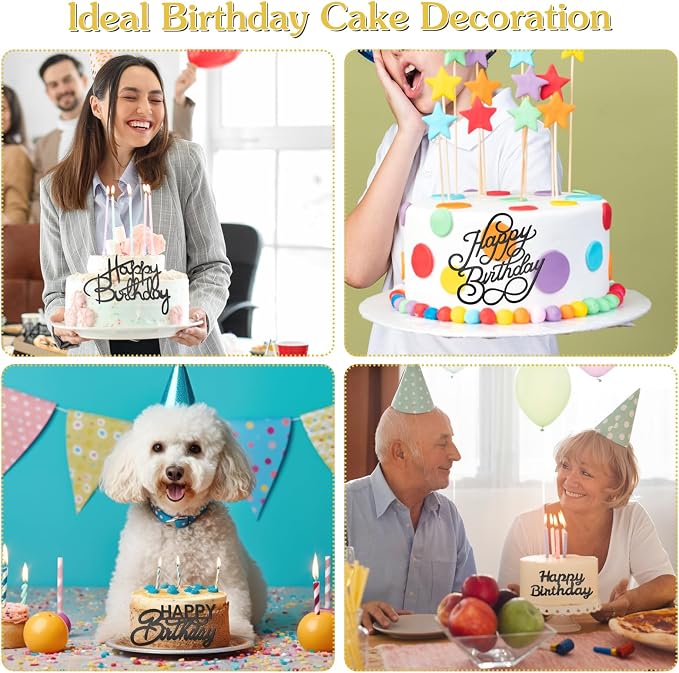 6 PCS Happy Birthday Side Cake Toppers Black Mirror Side Cake Toppers DIY Acrylic Glitter Cake Inserts Celebration Birthday Party Event Cupcake Decorations(Black)(Need to remove the protective film)