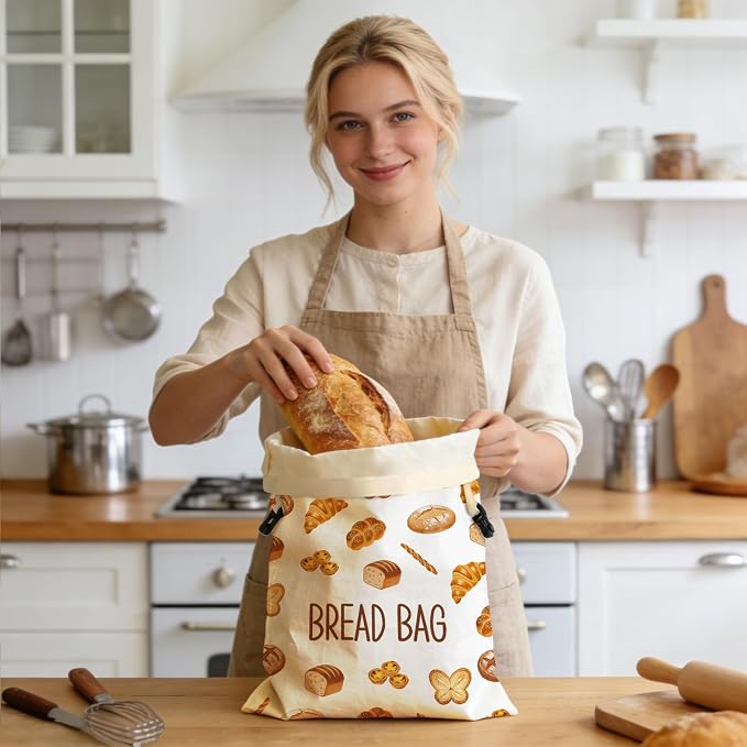 2 Pack Beeswax Bread Bags for Homemade Sourdough, 17x13 Inch Reusable Linen Beeswax Bread Bag with Buckle to Keeps Bread Freshness for Food Storage(Bread Theme)