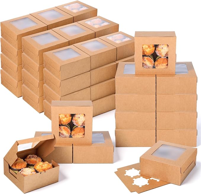 50 PCS Window Cupcake Boxes 4 Count, 6.3x6.3x3 Inch Muffin Boxes with Clear PET Lid & Paperboard, Disposable Bakery Containers for Pastries Cookies Desserts