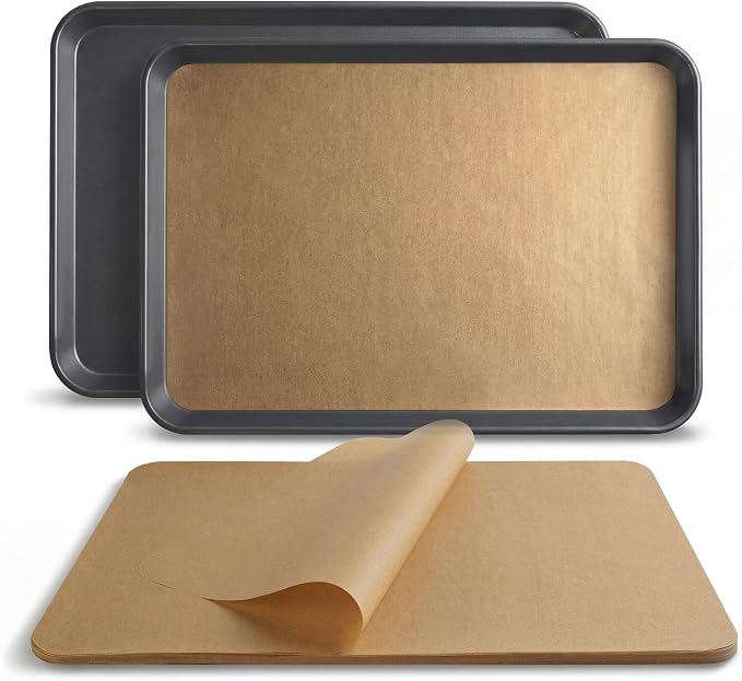 Bake Choice 2 Pack Half Sheet Pans 18x13 In with 100 Pcs Parchment Paper, Heavy Duty Carbon Steel, Warp Resistant Nonstick Baking Sheet, Commercial Grade Cookie Sheets for Oven Baking Roasting