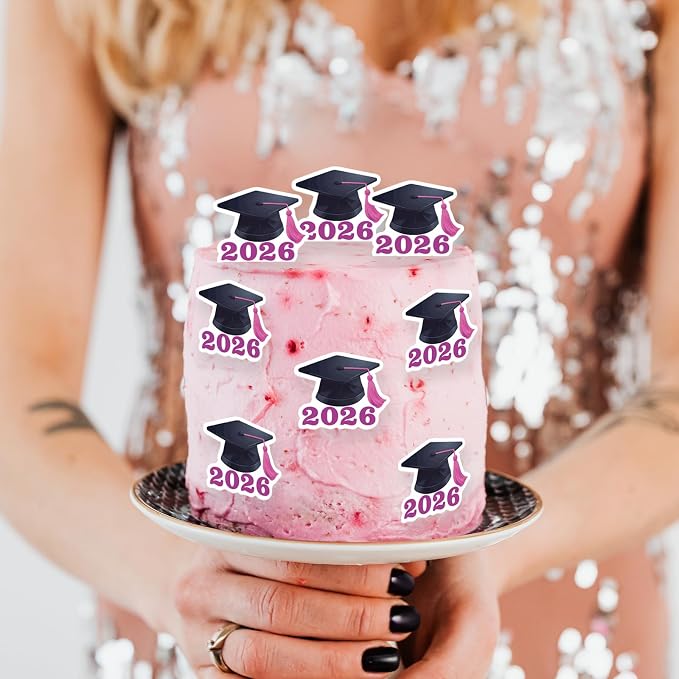 42pcs Edible Graduation Cap Cupcake Toppers Wafer Paper Pink Class of 2026 Cake Decorations Edible Grad Cap Cupcake Picks for 2026 Graduation Theme Party Cake Decor Supplies