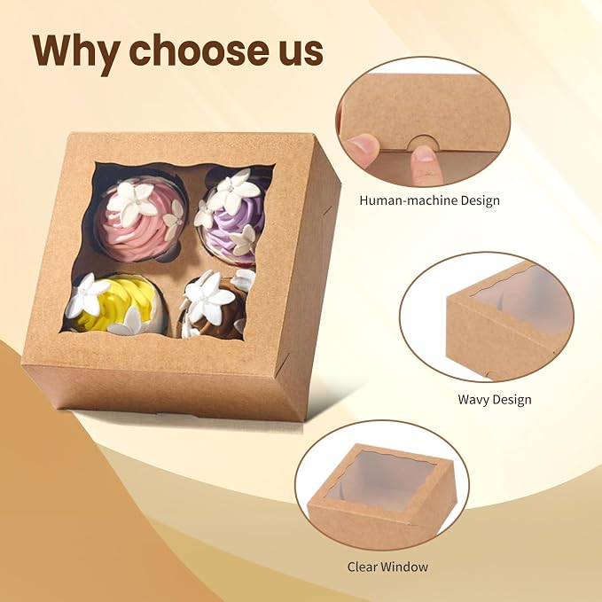 Cupcake Boxes 6.2x6.2x3 Inches 20 Pack with Window & 4 Cavity - Versatile Baking Containers for Cupcakes, Cookies & Treats | Holiday, Birthday & Bakery Supplies