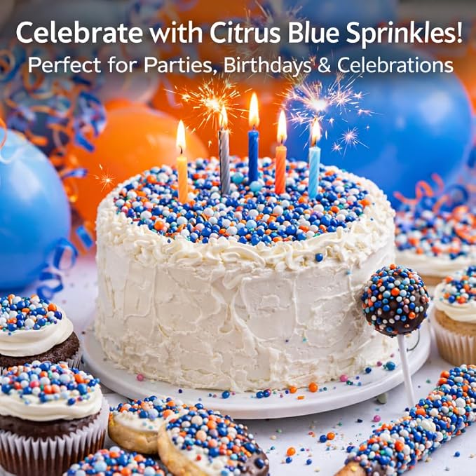 Confect Citrus Blue Celebration Sprinkle Mix – Premium Dragees & Jimmies | Orange, Baby Blue & Navy | Bake Stable Cake & Cupcake Toppings 4.2 Oz