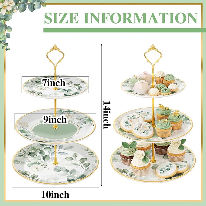 Lallisa 3 Tier Greenery Dessert Stand 10", 9" and 7" Ceramic Sage Green Eucalyptus Tiered Serving Tray with Gold Rack, Round Cupcake Display Tower for Wedding Baby Bridal Shower Tea Party Decoration