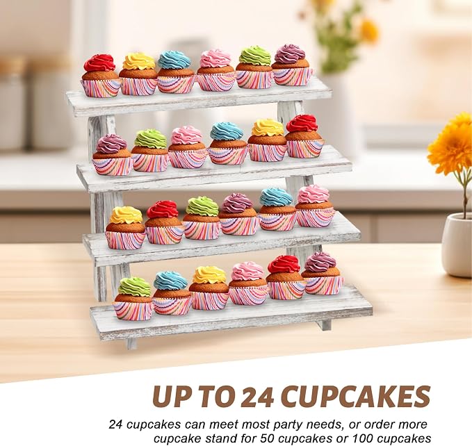 Wooden Cupcake Stand for 24 Cupcakes, 4 Tier Cupcake Display Stand Rustic Tiered Display Stand Dessert Table Display Set Cupcake Stand for Baby Shower Decorations Birthday Party Supplies Perfume Display(White 2Pcs)