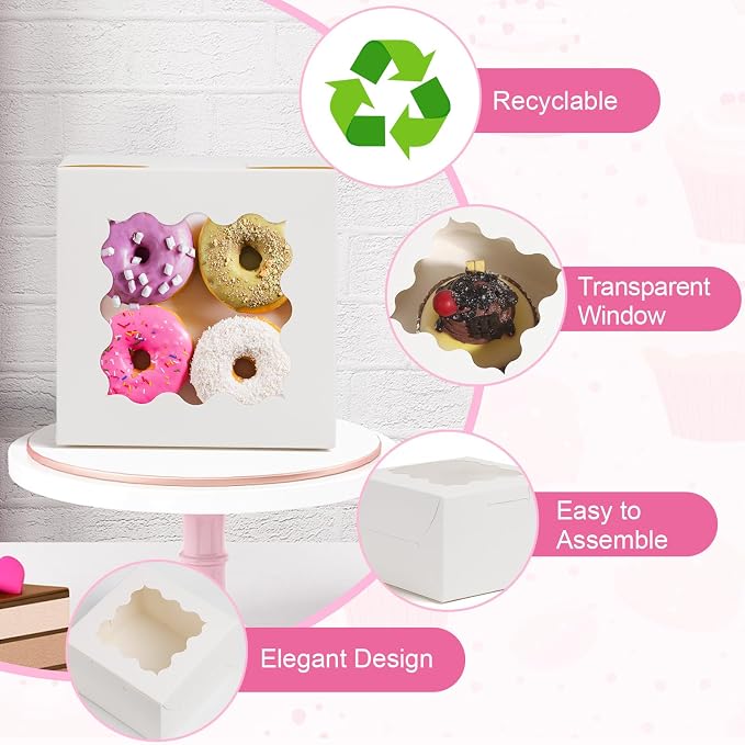 26pcs White Cookie Boxes with Window, 4x4x2.5 Inches Small Bakery Boxes with 36pcs Stickers, for Mini Cake Cookies Treat Dessert Pastry Donuts Macaroon Strawberries Chocolate Cupcakes Candy
