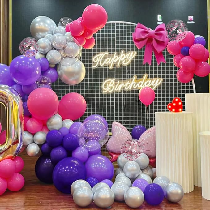MEBAY Hot Pink Purple Silver White Baloon Garland Arch Kit, 147Pcs Latex Balloons Different Sizes 18 12 10 5 inch for Women Girls Wedding Birthday Baby Shower Party Decorations