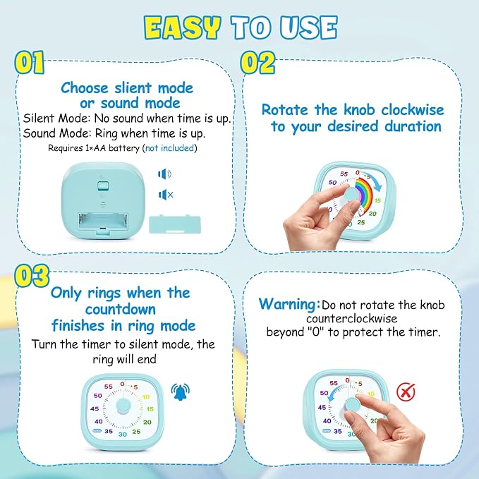 Visual Timer for Kids - 60 Minute Pomodoro Timers for Classroom Kitchen Office, Countdown Kids Timer Clock with Rainbow Disk, Desk Time Management Tool for Toddler with Silent Operation, Azure