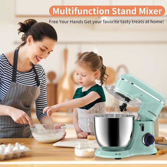 SAMSAIMO 3-IN-1 Electric Stand Mixer, 10-Speed With Pulse Button, Attachments include 6.5QT Bowl, Dough Hook, Beater, Whisk for Most Home Cooks, Agave Green